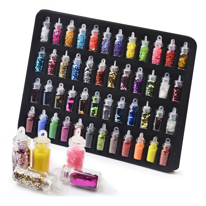 

48Color glass bottle Epoxy Glitter Powder Sequin Laser Film Nail Mix Size Hexagonal caviar Beads Charms Jewelry Tool Nail DIY