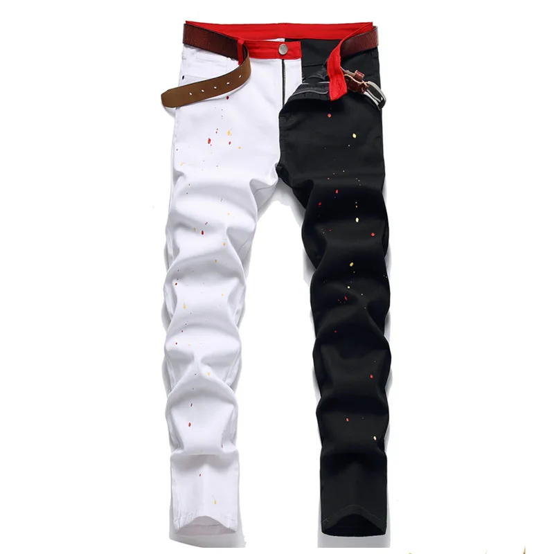 

Autumn Men's Black White Patchwork Denim Pants Streetwear Hip Hop Ripped Holes Jeans Fashion Harajuku Denim Trousers Jean Homme