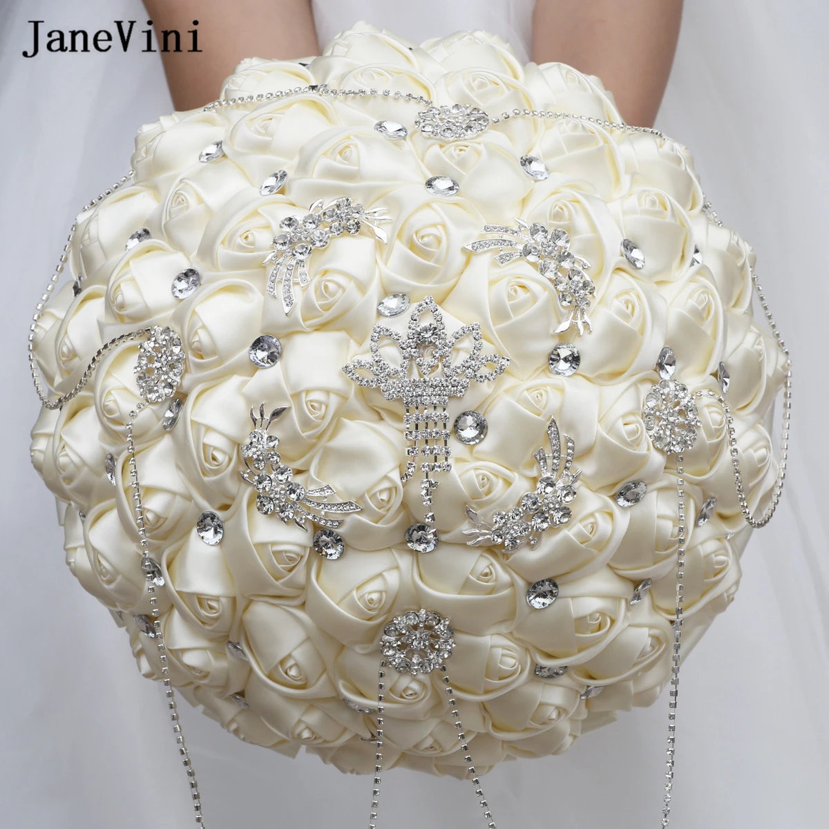 

JaneVini Large 30cm Ivory Ribbon Flowers Bling Crystal Bridal Bouquets Artificial Satin Roses Wedding Accessories Ramo De Novia