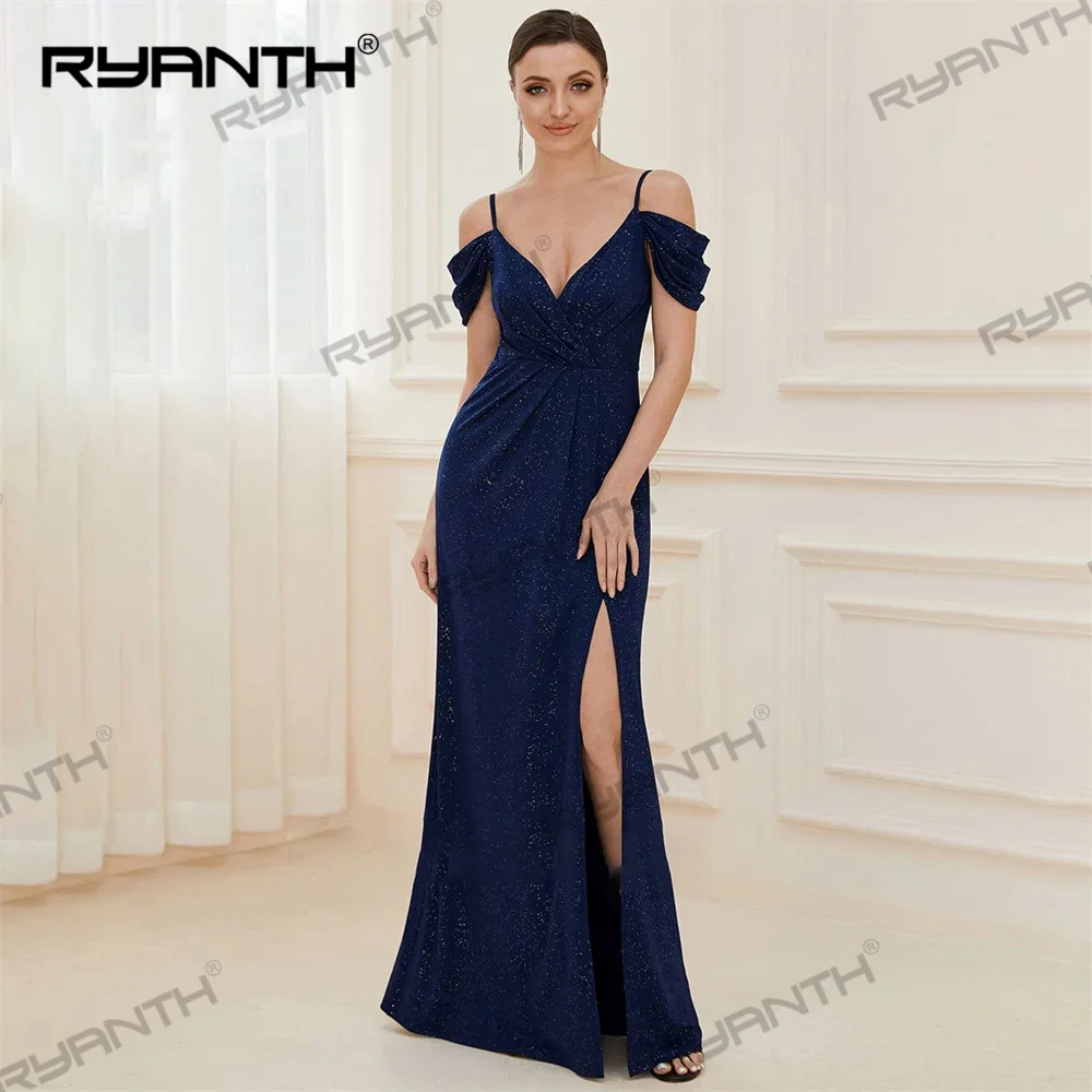 

2024 Elegant Sheath Evening Dresses V-Neck Prom Dress Cold Shoulder Floor Length Formal Dresses Vestidos De Fiesta فساتين السهرة