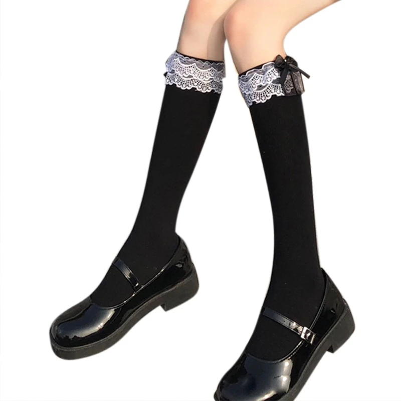 

Women Girls Sweet Lolita Black White Knee High Socks Bowknot Ruffled Frilly Lace Trim Japanese Student Cotton Stockings