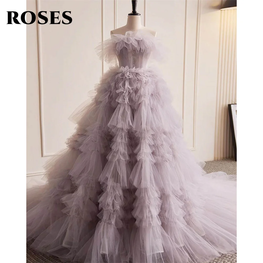 

ROSES Lavender A Line Evening Dress Tiered Layer Net Charming Prom Dress Strapless Lace Up Back Party Dresses vestidos de noche