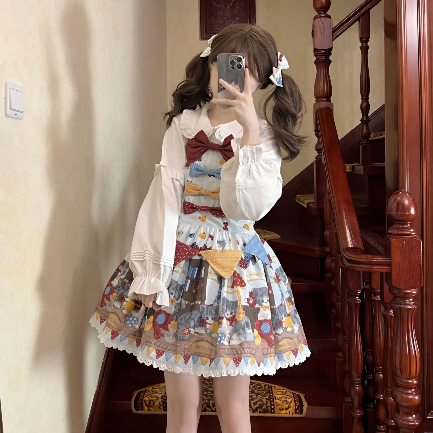 

Japanese Kawaii Lolita Jsk Dress Women Cute Cat Print Bow Sleeveless Strap Dresses Girl Sweet Princess Party Mini Dress Vestidos