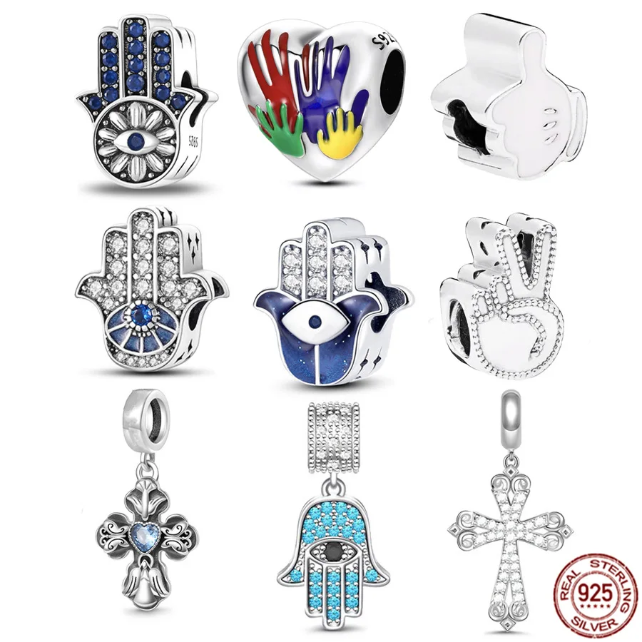 

Original Evil Eye On Hand Of Fatima & Sparkling Cross Pendant Dangle Charm Bead Fit Pandora Bracelet 925 Sterling Silver Jewelry