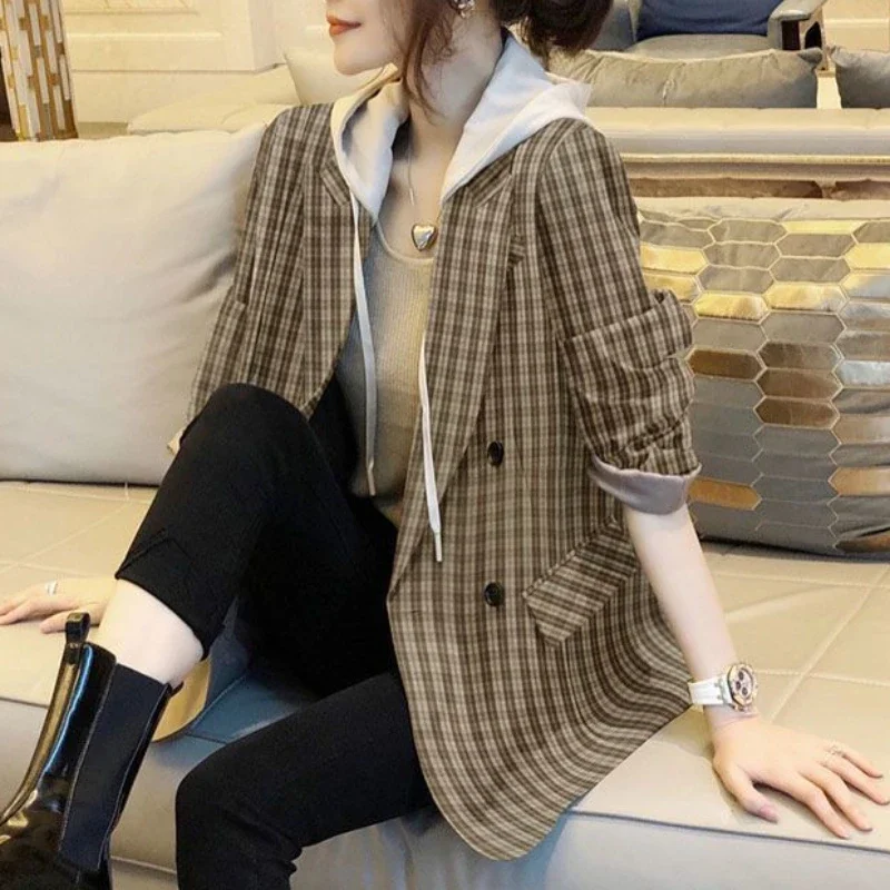 

Loose Plaid Outerwear Female Coats and Jackets Clothing Check Women's Blazers Hooded on Promotion Deals New in 2023 Autumn Sale