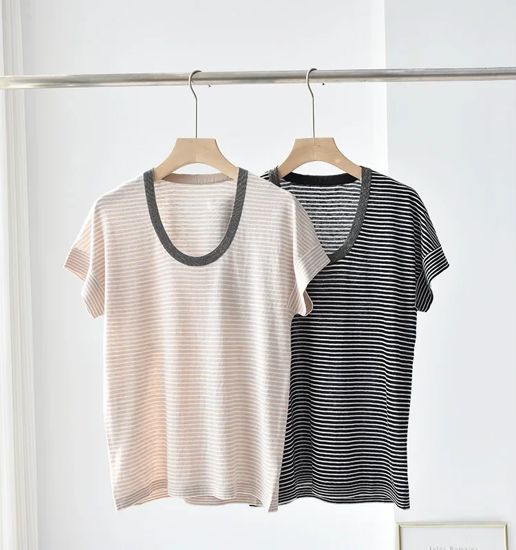 Женская трикотажная футболка в полоску с бусинами и цепочками, с U-образным вырезом, свободная повседневная футболка с коротким рукавом
Женская трикотажная футболка в полоску с бусинами и цепочками, с U-образным вырезом, свободная повседневная футболка с коротким рукавом