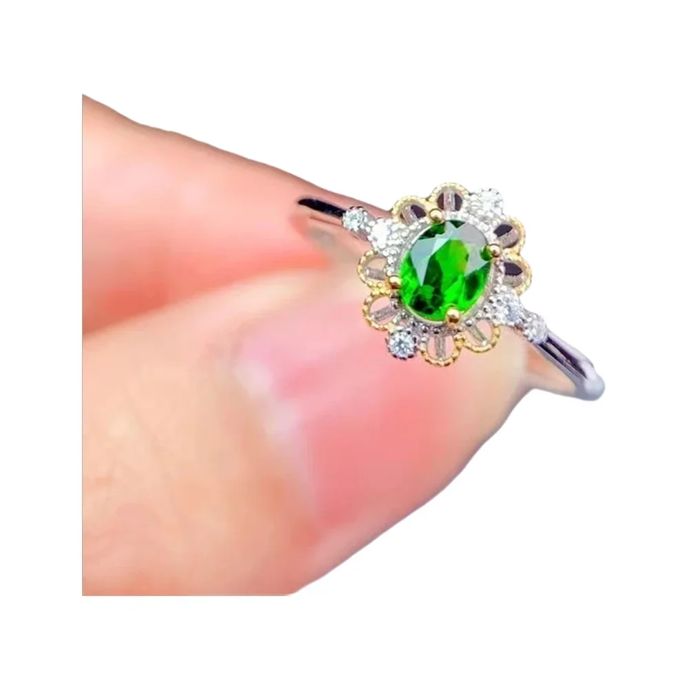 

KJJEAXCMY-925 Sterling Silver Ring for Women, Natural Diopside, Fresh and Elegant Flower, Adjustable Gem Ring, Support Detection