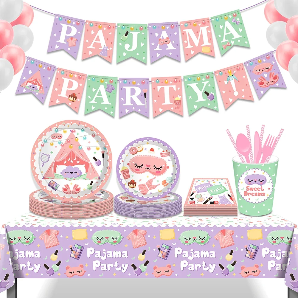 

Sweet Cartoon Pajama Make Up Pillow Birthday Party Disposable Tableware Sets Banner Balloon Decors Baby Shower Party Backdrops
