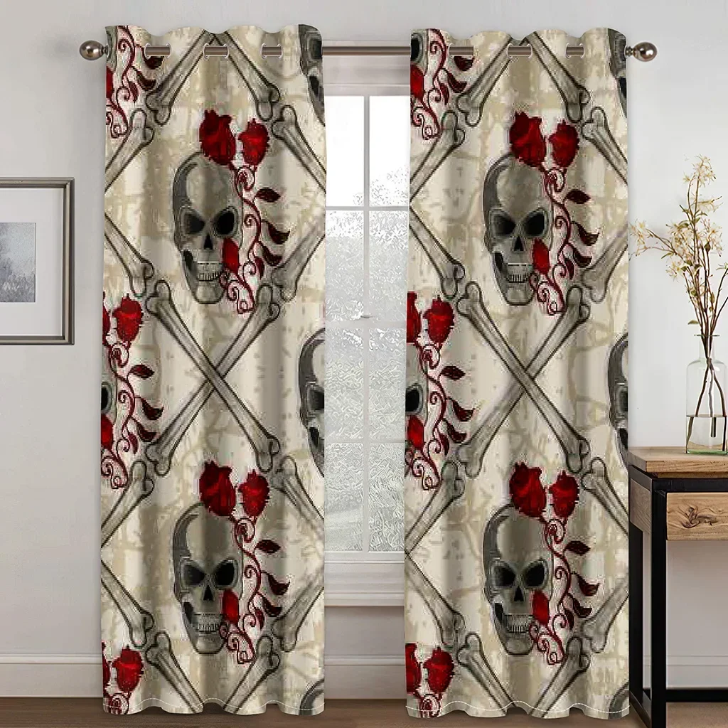 

Modern 3D Black Red Rose Golden Skeleton Couple 2 Pieces Free Shipping Thin Curtains for Living Room Bedroom Window Drape Decor