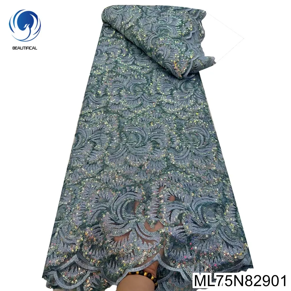 

2024 вечернее платье, тюль, кружево, африканская блестящая ткань с блестками, французская красивая вышитая ткань с цветами ML75N829