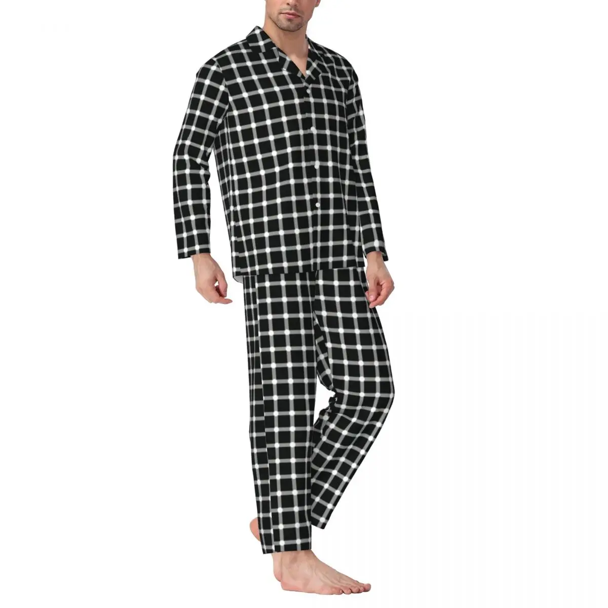 

Disappearing Black Polka Dot Sleepwear Autumn Optical Illusion Dots Plaid Casual Loose Pajama Sets Male Bedroom Design Nightwear