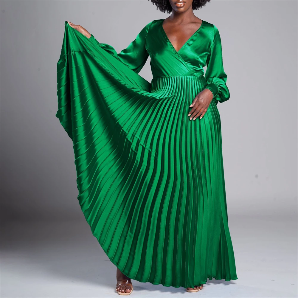 African Pleated Dresses for Women Summer Elegant Long Sleeve V-neck Solid Color Dress Dashiki Evening Party Femme Gown Vestidos
African Pleated Dresses for Women Summer Elegant Long Sleeve V-neck Solid Color Dress Dashiki Evening Party Femme Gown Vestidos