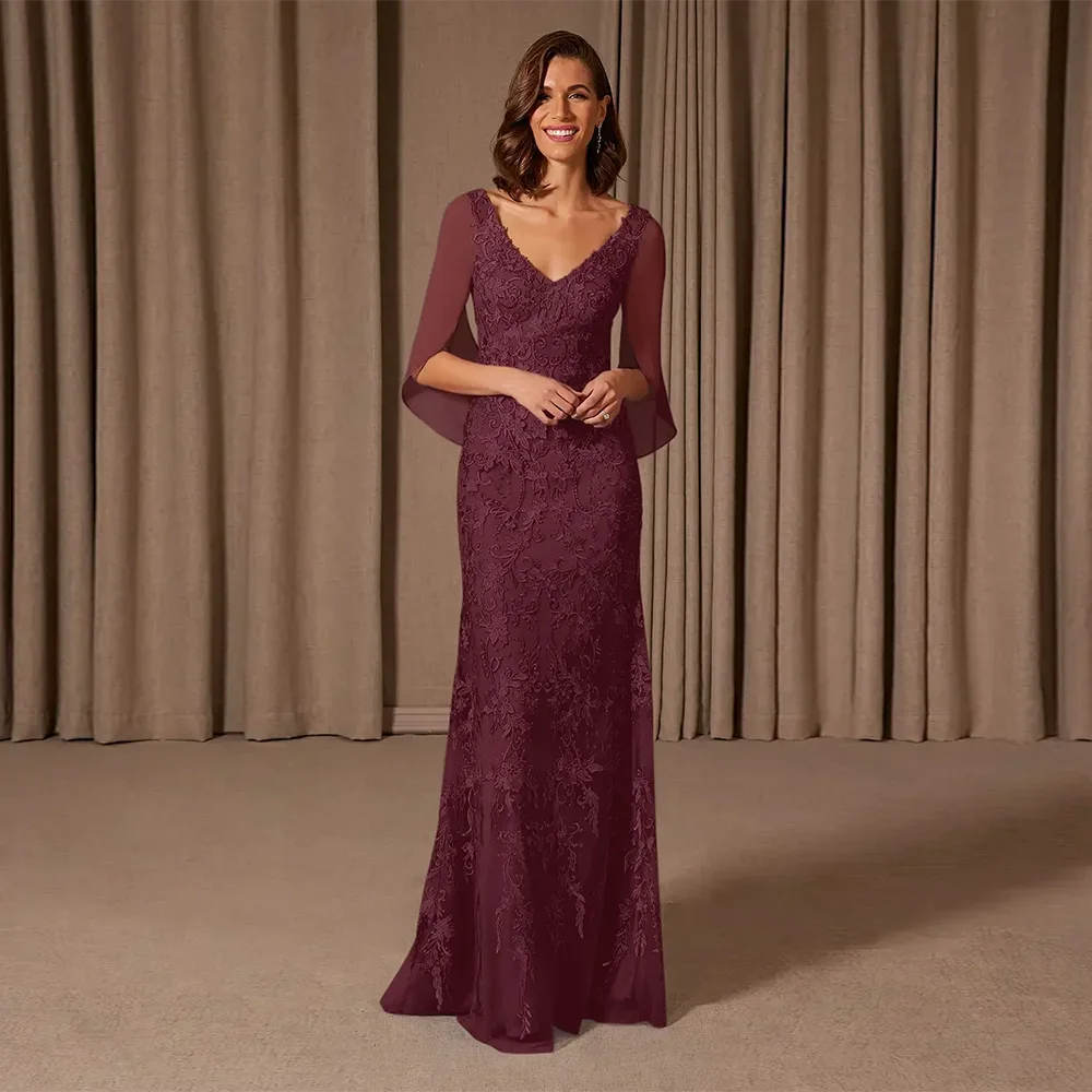 

Burgundy V-Neck Mother Of Bride Dresses Evening Party Lace Appliques Prom Dress Cocktail Lady Robe De Half Sleeve Mom Gowns