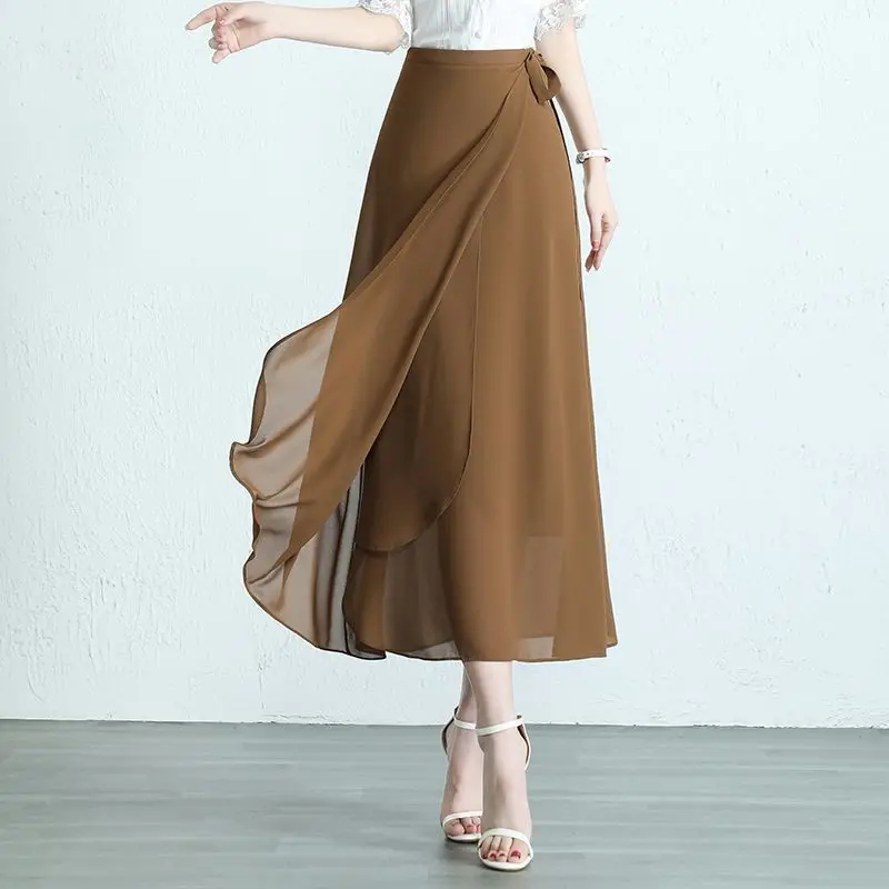 

2024 Summer New Women's Solid Color Fashion Thin High Waist Drawstring Spliced Asymmetric Commute Glamorous A-line Chiffon Skirt