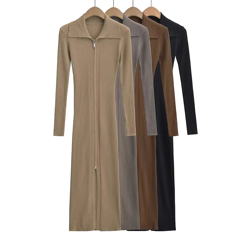 

Повседневное дизайнерское теплое свободное платье-свитер на молнии, женское осенне-зимнее однотонное длинное вязаное платье с лацканами и длинным рукавом