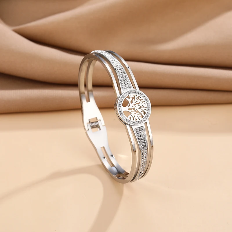 Stainless Steel Bangle Tree Of Life With Stone Wristband Gold Color And Silver Color Stainless Steel Bangle Tree Of Life With Stone Wristband Gold Color And Silver Color
