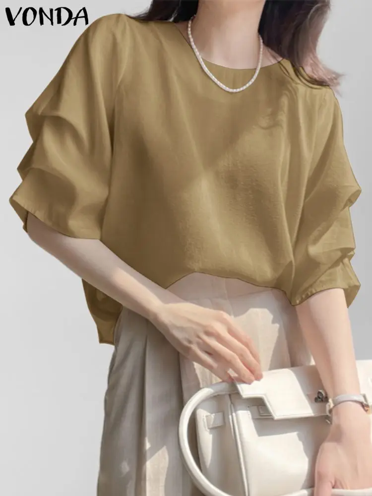 

2024 VONDA Elegant Autumn Women Blouse Shirts Solid Color Tops Casual Loose Three Quarter Fashion OL Office Blusas Femininas