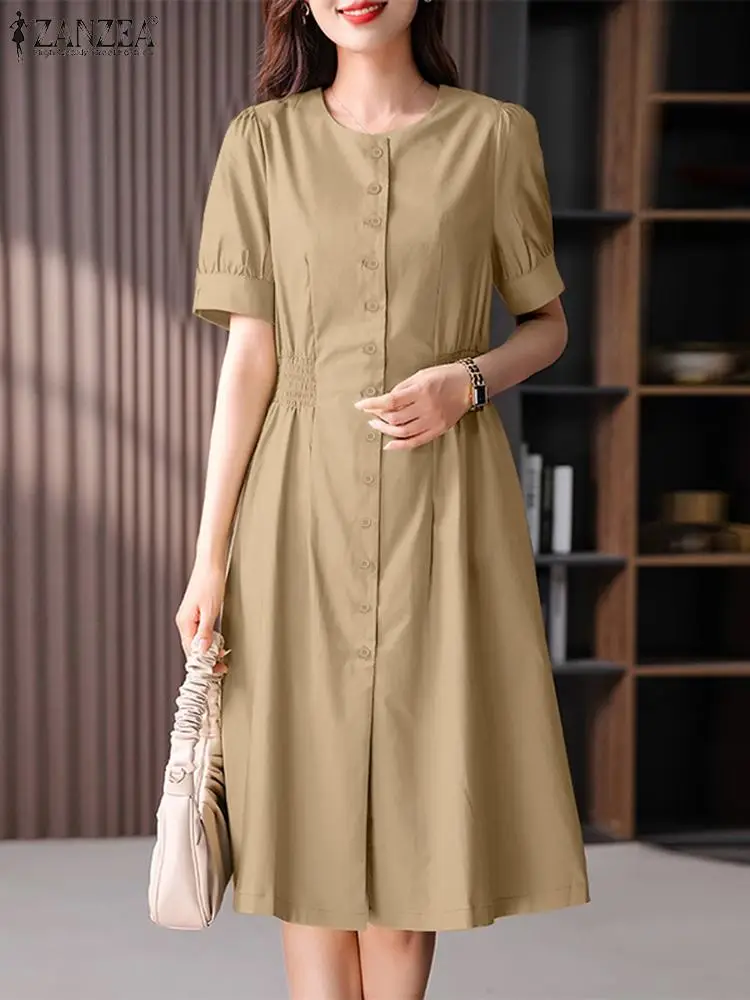 

ZANZEA Elegant Summer Short Sleeve Dress Women Fashion OL Work Sundress Casual Solid Buttons Down Vestidos A Line Shirtdress