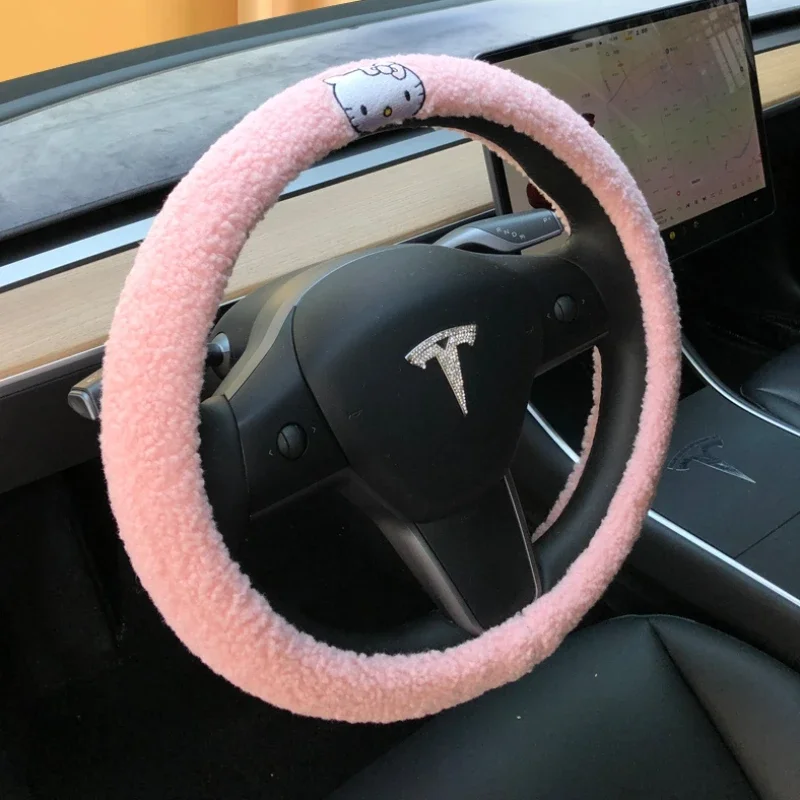 

Sanrios HelloKittys Winter Plush Car Steering Wheel Cover Kawaii KT Cat Cover Non-slip Handlebar Cover Car DecorationAccessories