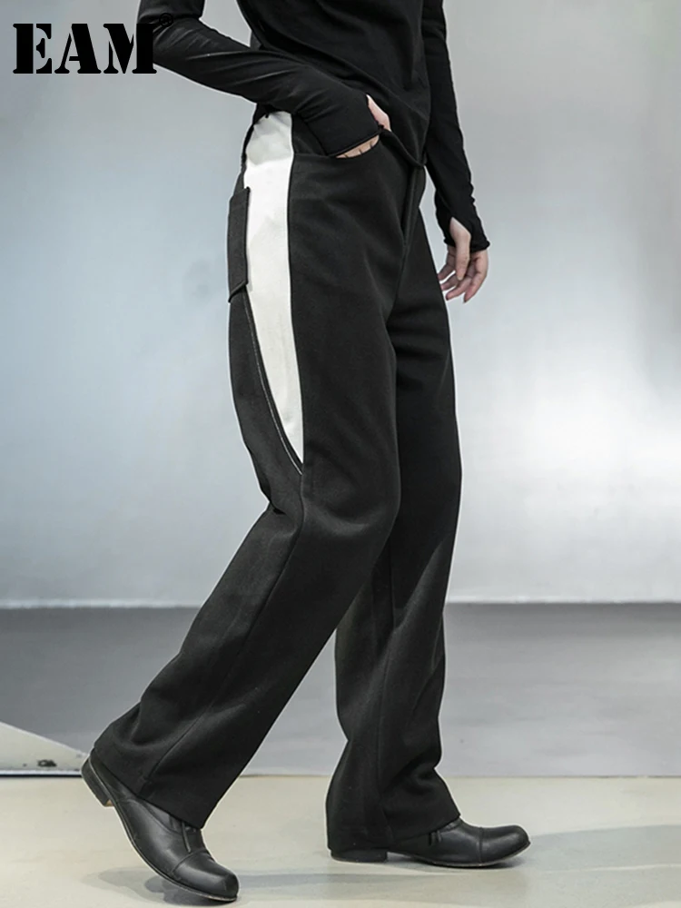 

[EAM] High Waist Black Line Split Joint Long Wide Leg Trousers New Loose Fit Pants Women Fashion Tide Spring Autumn 2024 1DA920