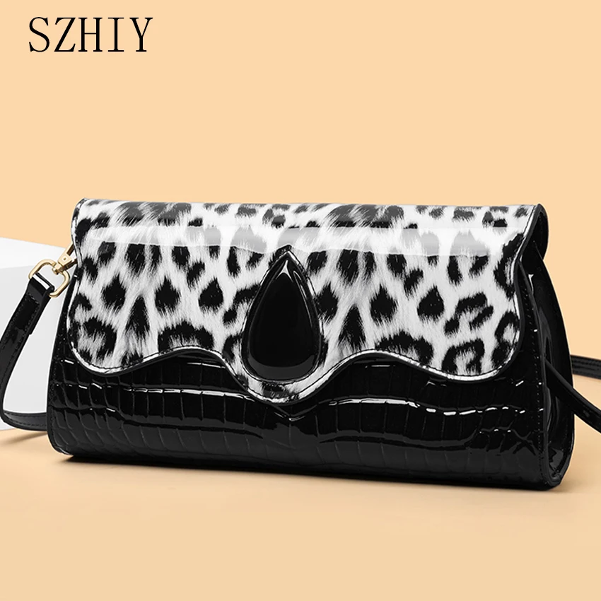 

Luxury Designer Shoulder Bag Women Phone Pocket Leopard Pattern Diagonal Cross Bag Patent Leather Glossy Retro Versatile Handbag