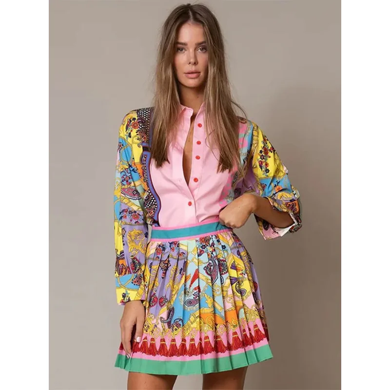 Print Shirt Pleated Skirt Suit Female Short Long Lantern Sleeve Single Breasted Shirts And High Waist Skirts 2 Pieces Set Beach
Print Shirt Pleated Skirt Suit Female Short Long Lantern Sleeve Single Breasted Shirts And High Waist Skirts 2 Pieces Set Beach