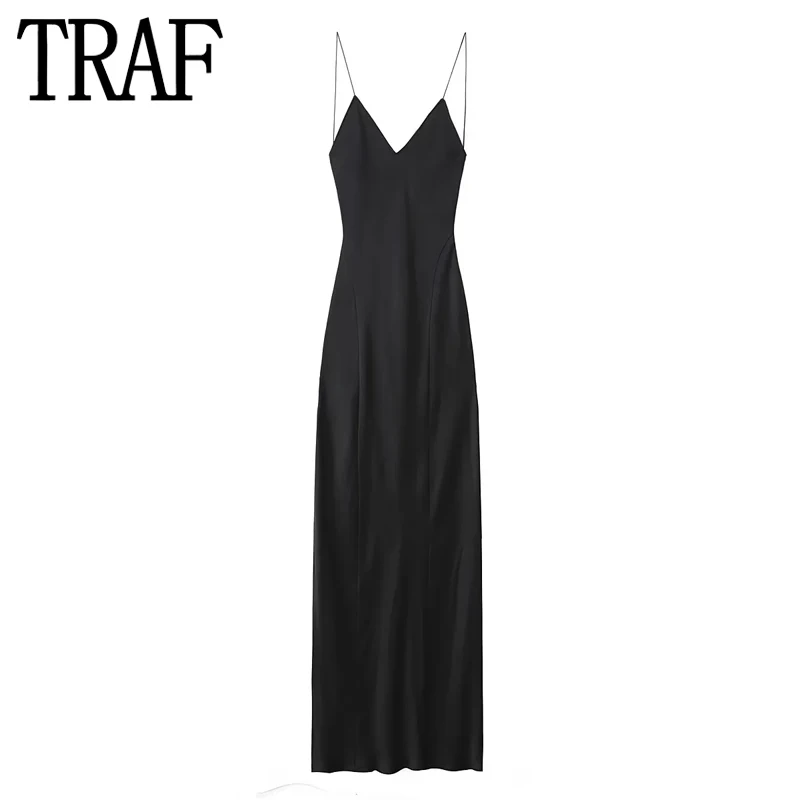 

TRAF 2023 Black Backless Slip Dress Woman Sleeveless Satin Long Dress Women Sexy Evening Dresses For Prom Cocktail Party Dresses