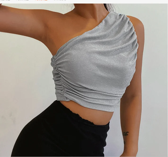 Women Sexy Short Tops Ladies Personalized Flashing Silk One Shoulder Pleated Slim Fit Umbilical Vest Summer Women Clothing
Women Sexy Short Tops Ladies Personalized Flashing Silk One Shoulder Pleated Slim Fit Umbilical Vest Summer Women Clothing