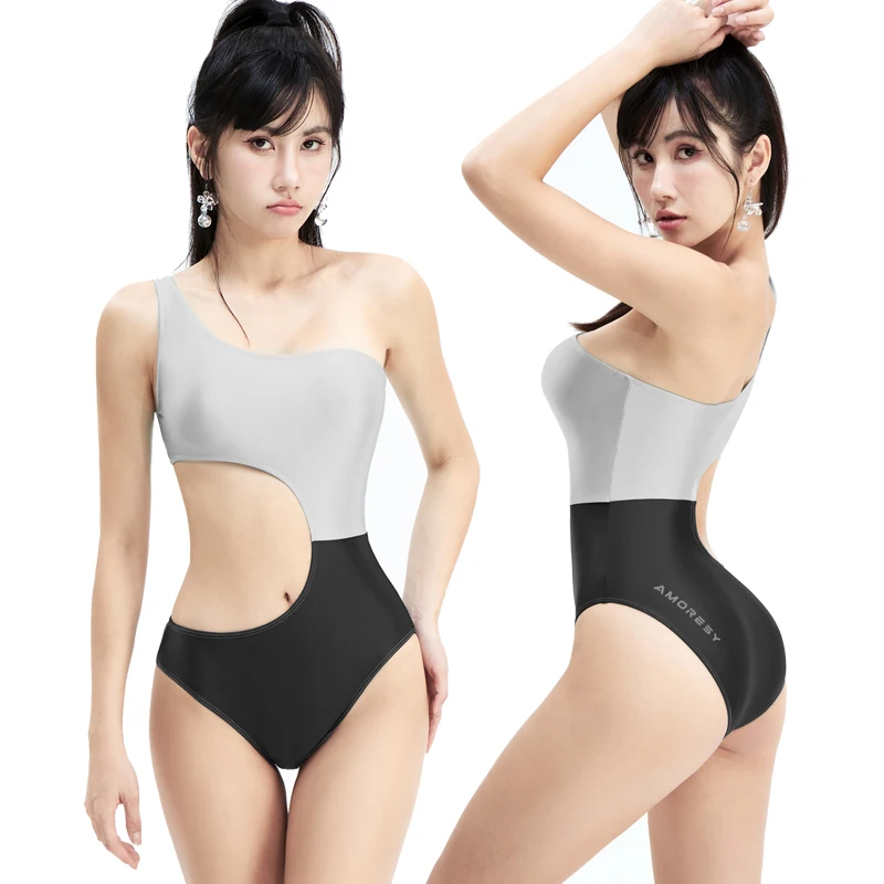 

series new asymmetrical one-shoulder waist hollowed spandex one-piece swimsuit slimming resort gloss japanese swimsuit