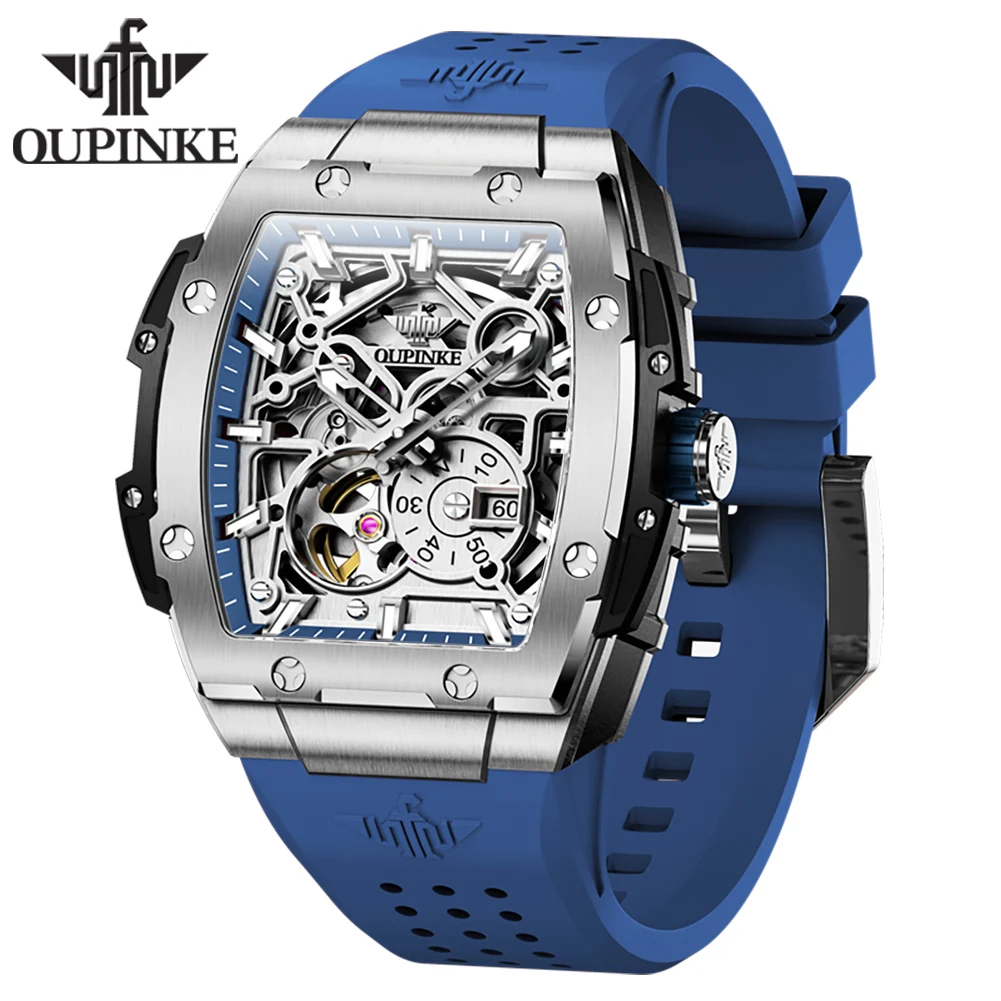 

OUPINKE Mens Watches Brand Fashion Tonneau Automatic Mechanical Luminous Original Hollowing Out Movement Independent Second Dial