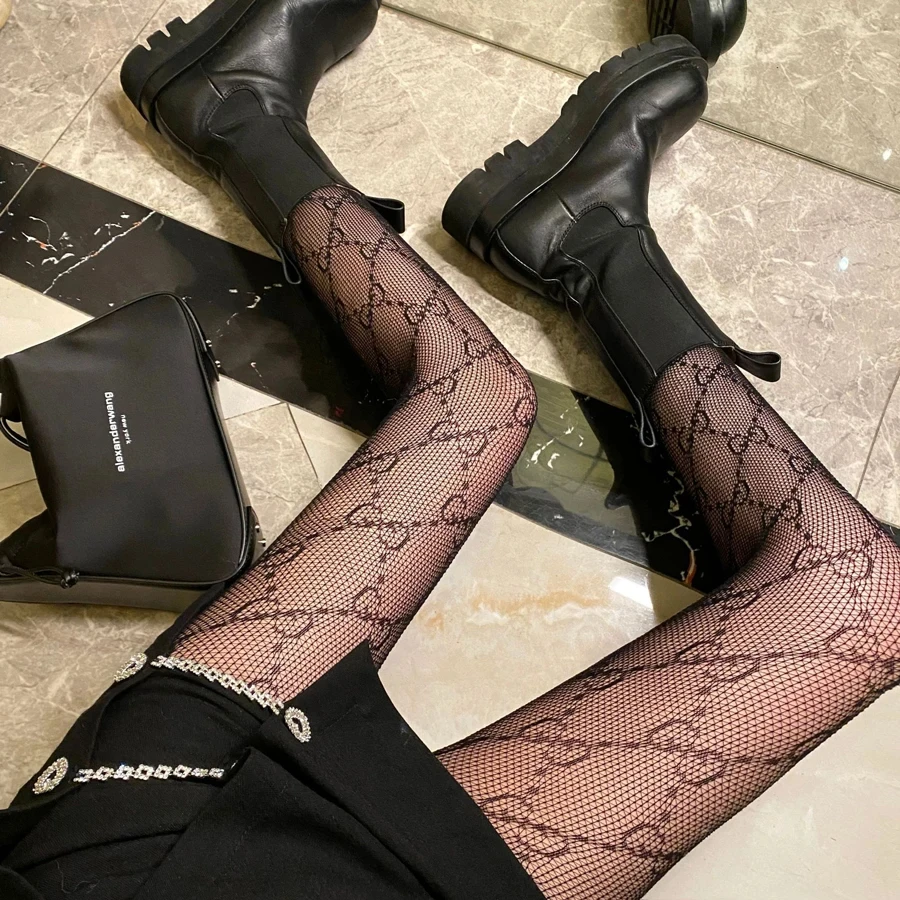 

1Pair Women Sexy Stockings Double G Fishnet Black Tights Woman Small Mesh Patterned Hollow Out Pantyhoses Fishnets Streetwear