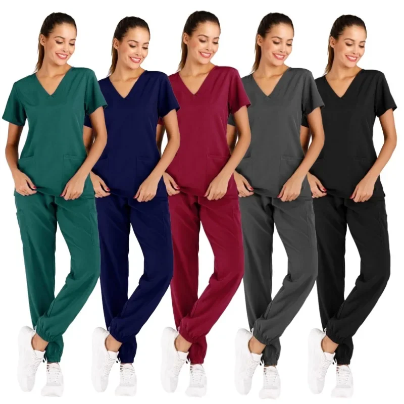 

V Neck Medical Scrub Uniforms Women Scrubs Sets Nurses Accessoreis Hospital Doctors Surgical Clothes Dental Clinic Spa Workwear