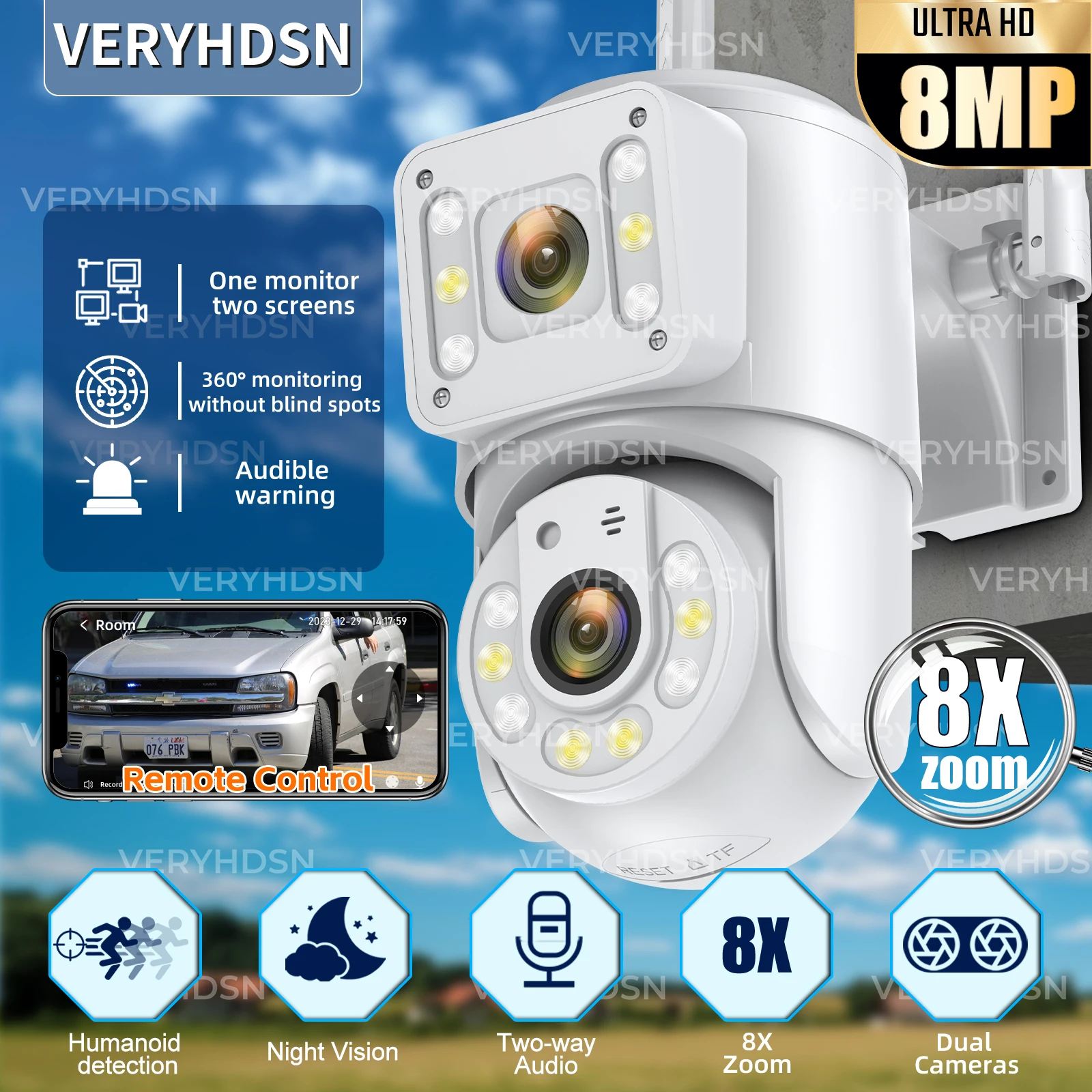 

8MP 4K HD WiFi Camera Outdoor 8x Zoom Dual Lens Dual Screen PTZ IP Camera Auto Tracking CCTV Surveillance 4MP Home Security Cam