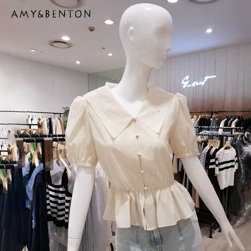 

Ruffled Sailor Collar Shirt Women's Design Sense Niche Summer 2023 New French Short Sleeve Tops Thin Waist-Tight Slimming Blouse