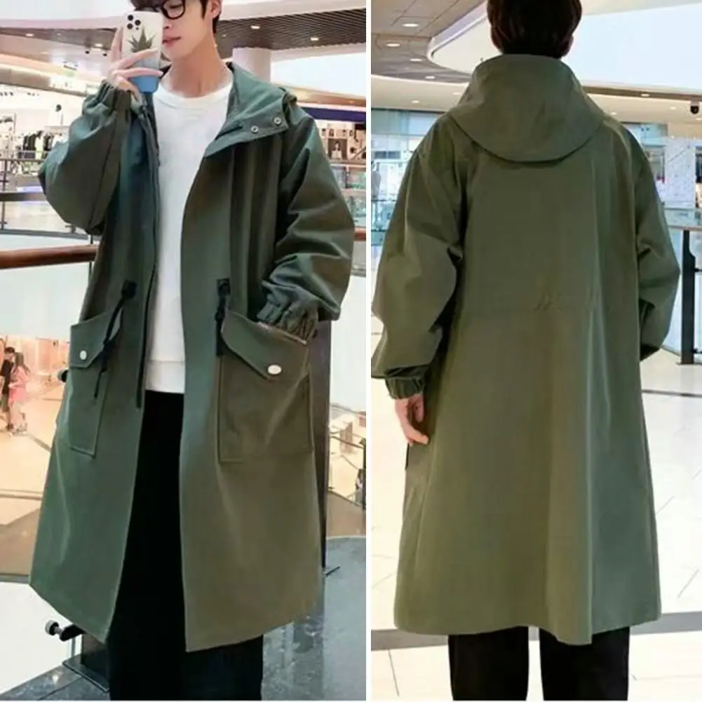 

Long Trench Coat Jacket Men Autumn Spring Black Hip Hop Japanese Coats Streetwear Male Hooded Army Green Khaki Casual Jackets