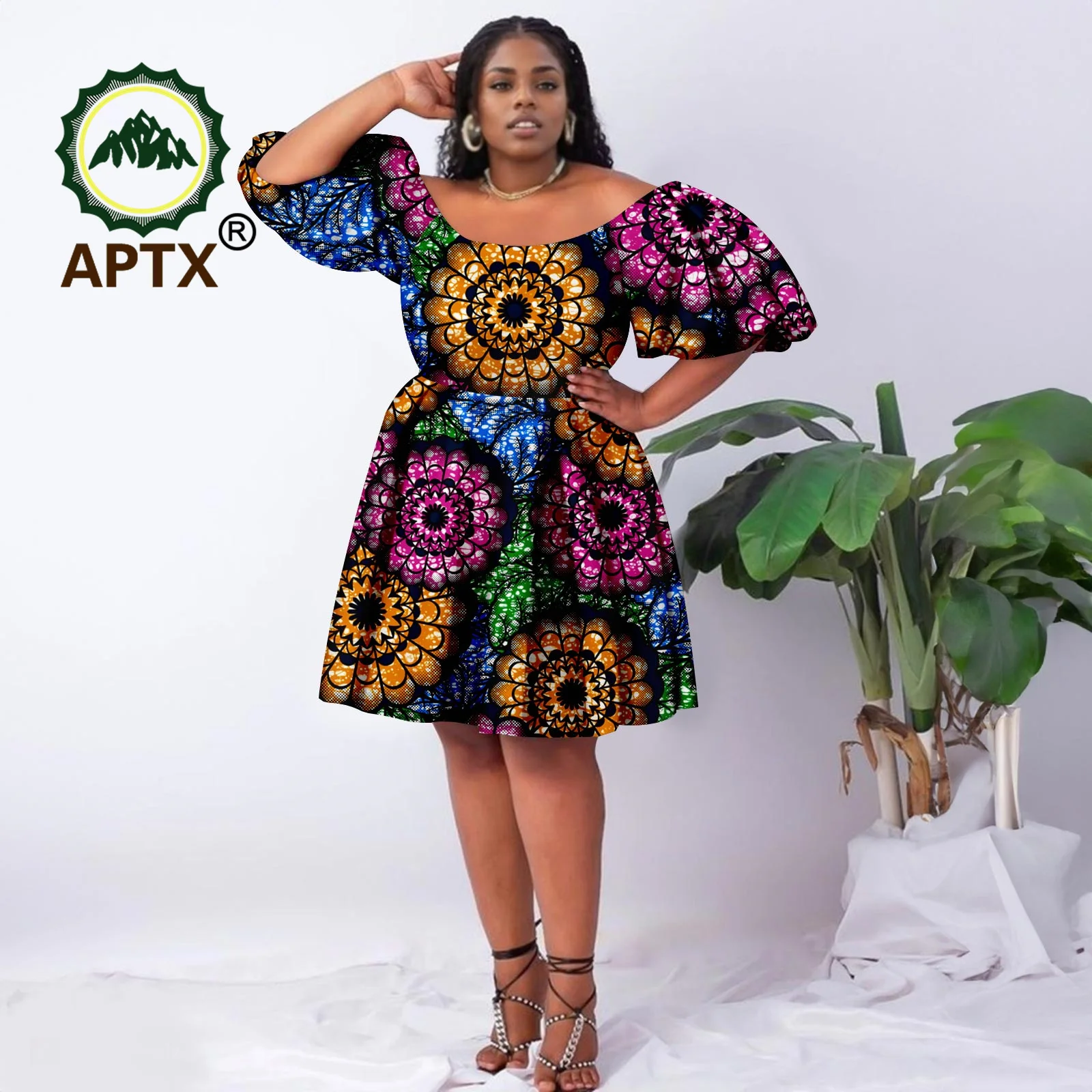 

African Dress for Women Ankara Print Puff Sleeve Knee Length Dresses with Pocket High Waist Dashiki Casual Party Wedding Attire