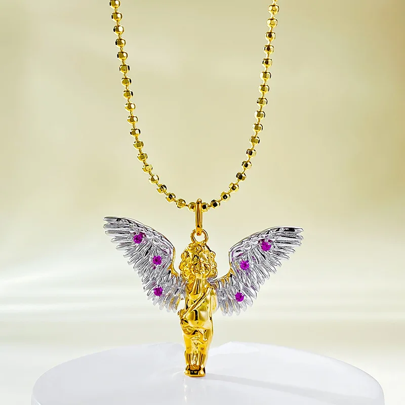 

New 925 Silver Flying Kiss Little Angel Necklace, Maillard Middle Ancient Style Pendant, Versatile and Luxurious for Women