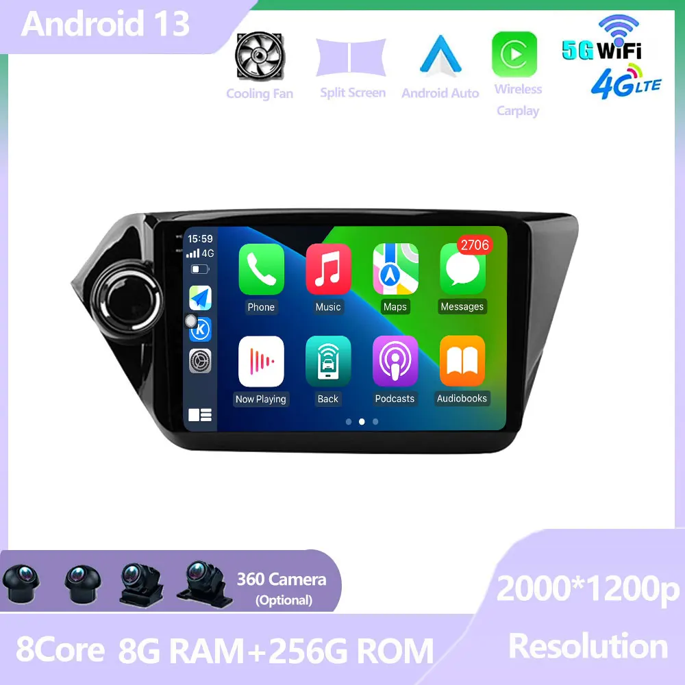 

For KIA RIO 3 2012 - 2016 Android 13 Auto Radio Car Multimedia Player GPS Navigation Screen Carplay 4G LET 5G WIFI DSP Stereo