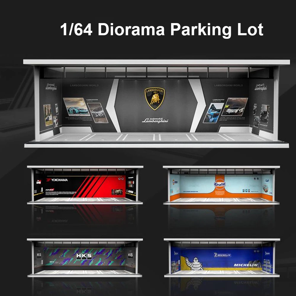 

1:64 Scale Diorama Parking Lot Model Assemble LED Lighting Car Car Garage Backdrop Display Scene Model Toy Collection Gift
