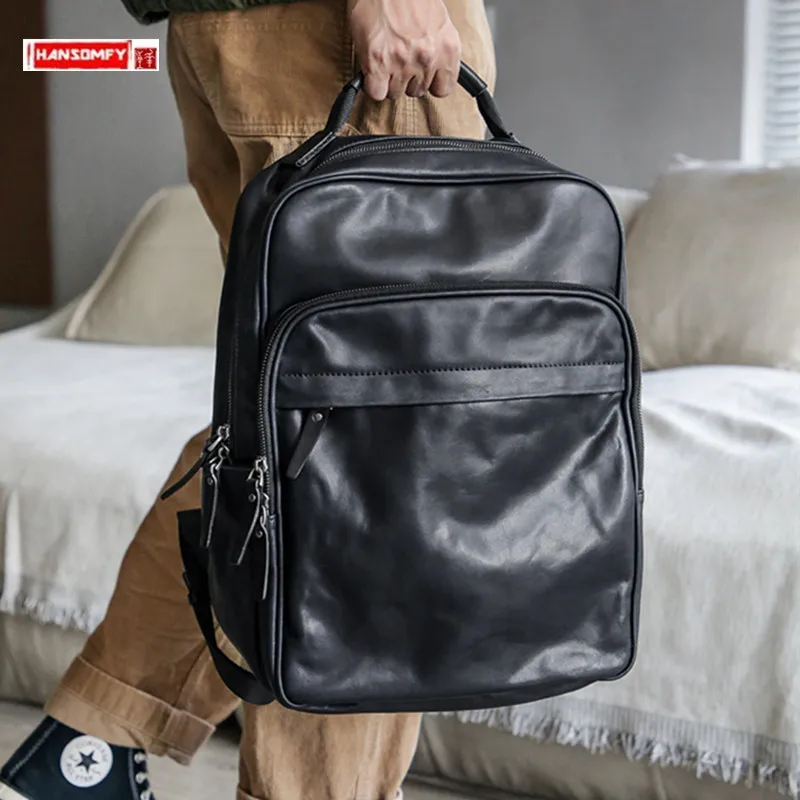 

Мужской рюкзак из мягкой черной кожи, вместительная сумка для ноутбука из воловьей кожи на плечо, модные брендовые рюкзаки для компьютера, дорожные сумки, 2024