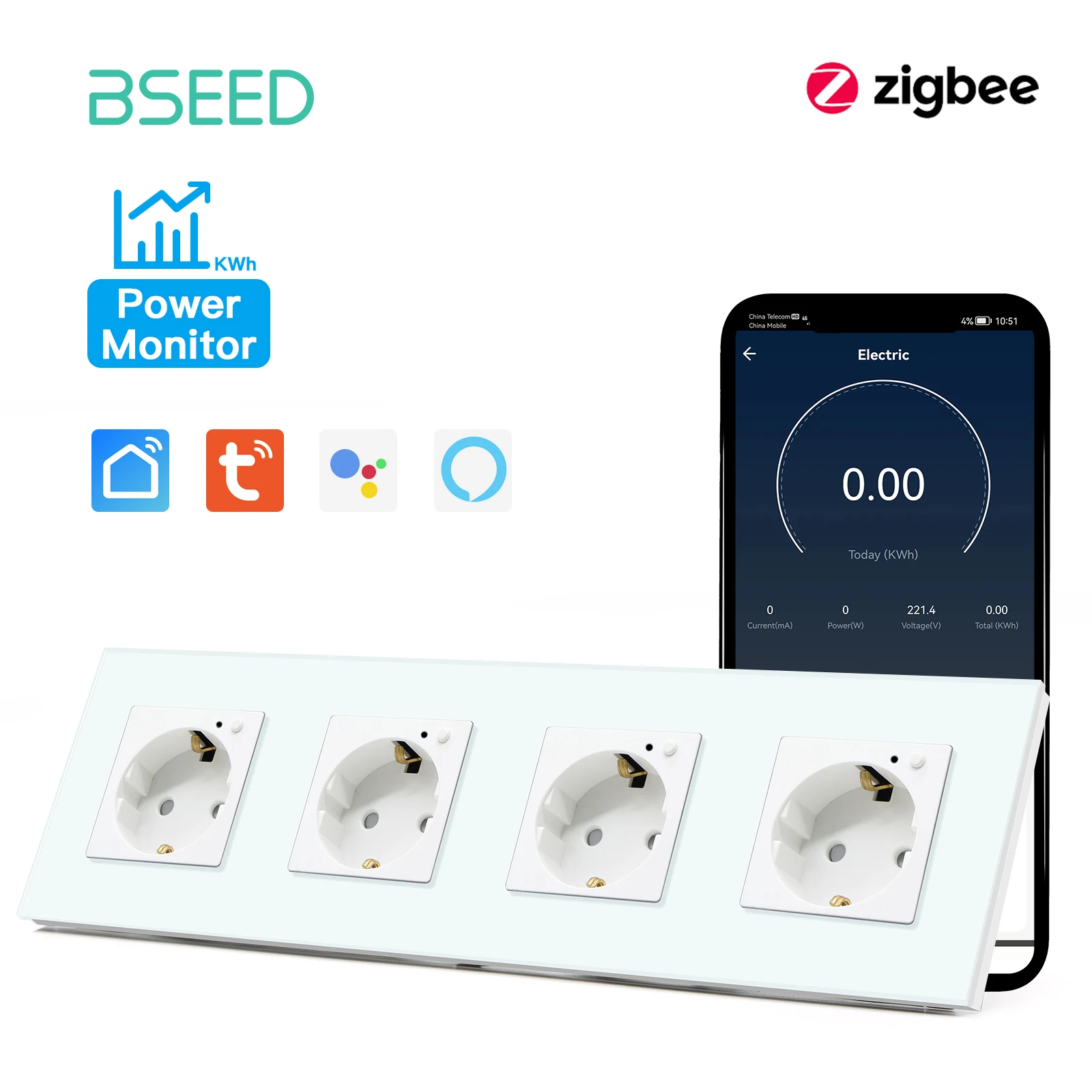 BSEED Zigbee EU Sockets Quadruple Glass Wall Sockets Smart Electric Outlets Power Monitor Tuya Smart Life Alexa Alice Control
BSEED Zigbee EU Sockets Quadruple Glass Wall Sockets Smart Electric Outlets Power Monitor Tuya Smart Life Alexa Alice Control