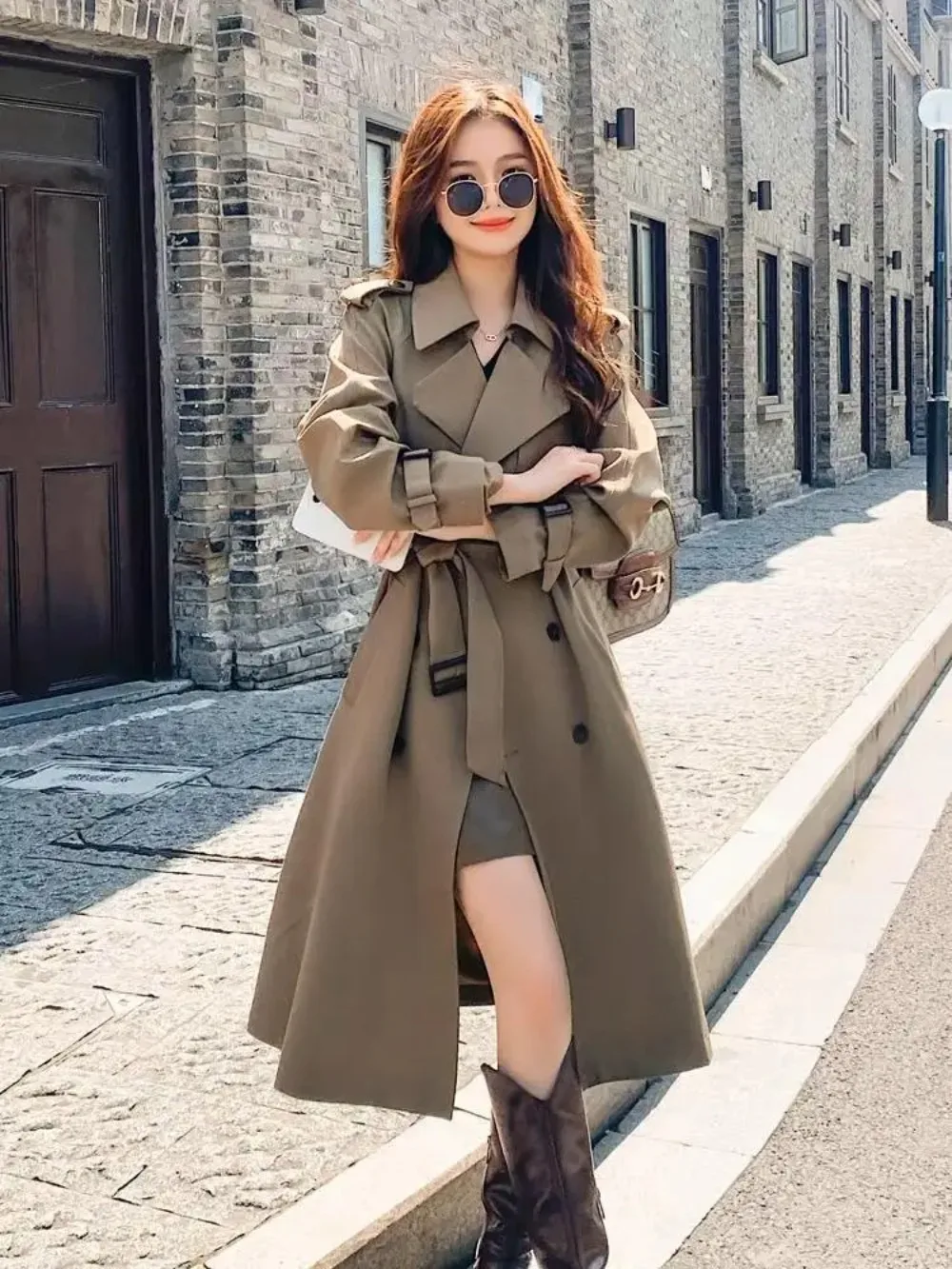 

Mid Length Trench Coats Women Splice Full Sleeve Double Breasted Turn Down Collar Lace Up Belt Jackets Long Coat Temperament