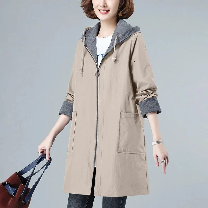 

2024 New Spring Coats Women Hooded Zipper Oversized Raincoat Jacket Female Korean Trench Coat Casual Windbreaker Ladies