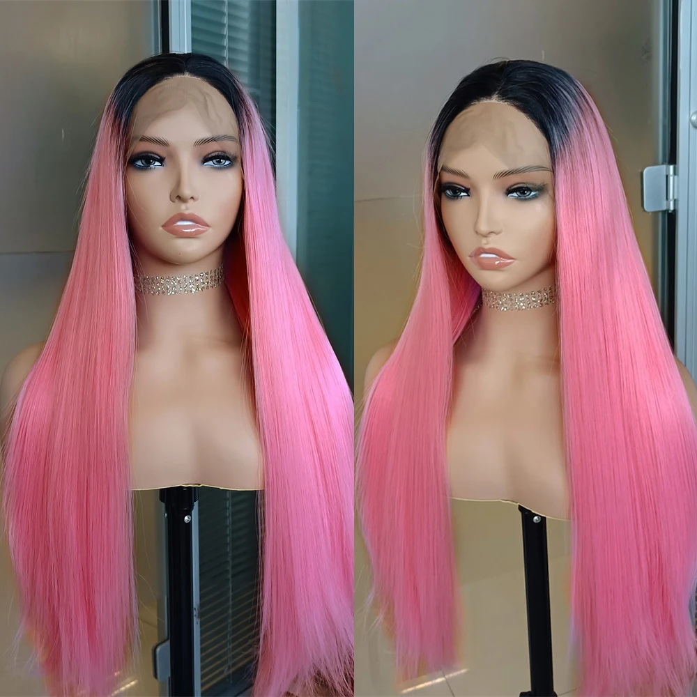 

Diniwigs Long Silky Straight Synthetic Lace Front Wig Dark Roots Ombre Pink Synthetic Wig Glueless Heat Fiber Hair Cosplay Wig