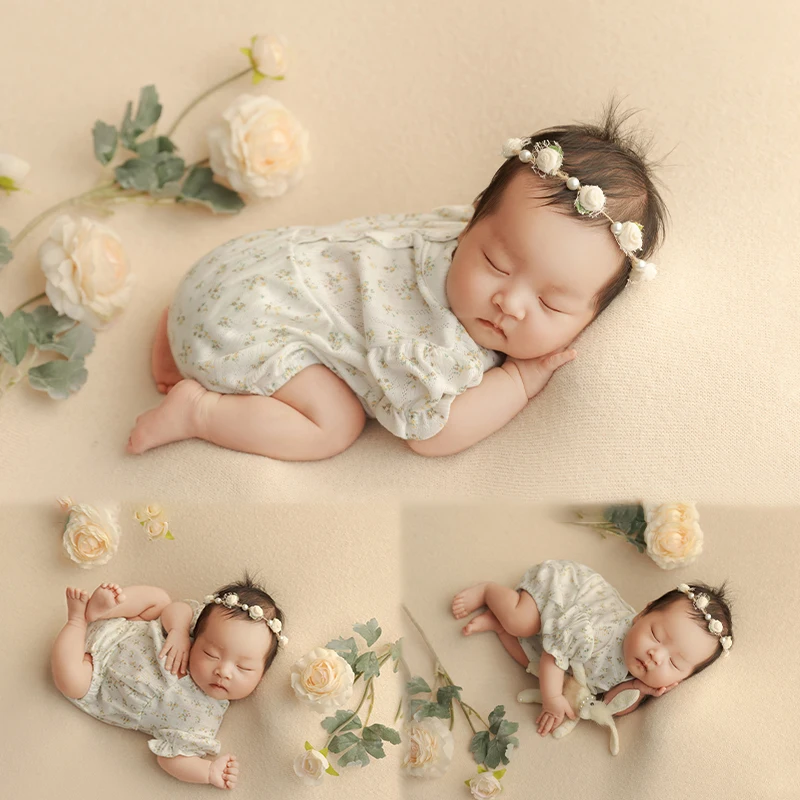 

Newborn Photography Costume White Floral Bodysuit Set Pearl Flower Headband Props Baby Girl Studio Photo Shooting Accessories