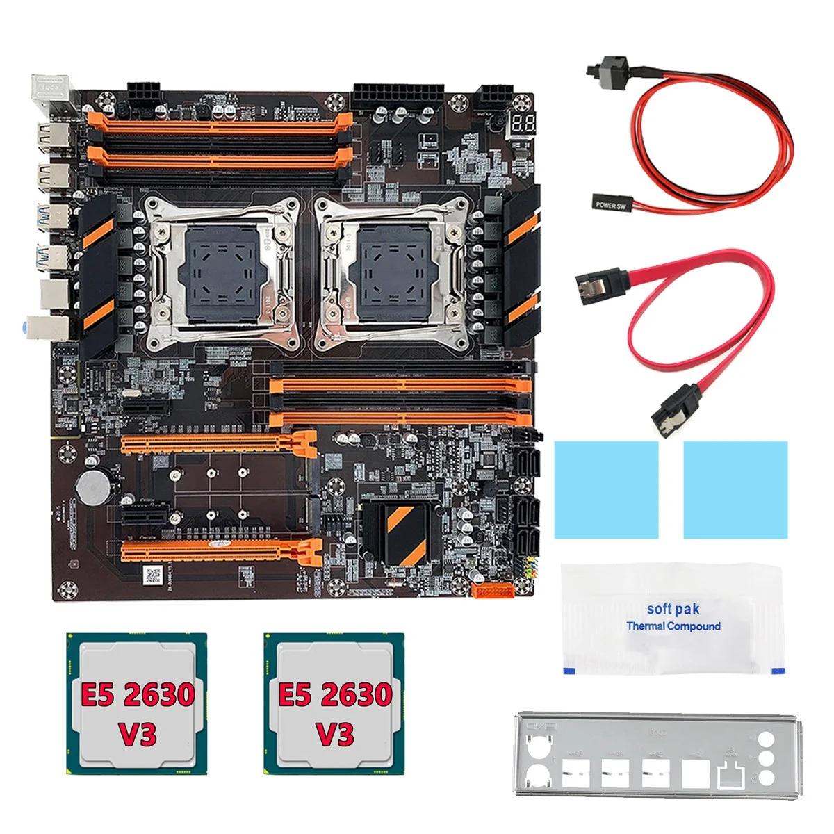 X99 Dual CPU Motherboard+2XE5 2630 V3 CPU+SATA Cable+Baffle+Thermal Grease LGA 2011 8XDDR4 Slot Support 2011 V3 CPU
X99 Dual CPU Motherboard+2XE5 2630 V3 CPU+SATA Cable+Baffle+Thermal Grease LGA 2011 8XDDR4 Slot Support 2011 V3 CPU