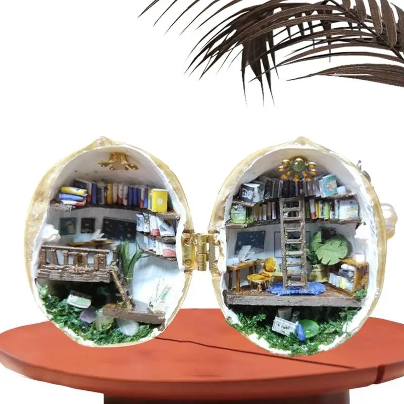 

DIY Book Nook Kit DIY Walnut Cottage Mini Library Scene Tiny World In Walnut 3D Mini House Library Home Decor DIY Craft