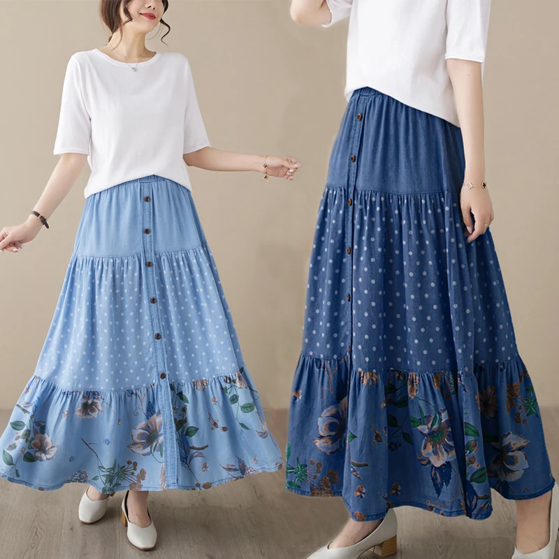 

Повседневная винтажная джинсовая юбка, трапециевидная Летняя женская элегантная праздничная одежда с цветочным принтом, юбка миди с эластичным поясом