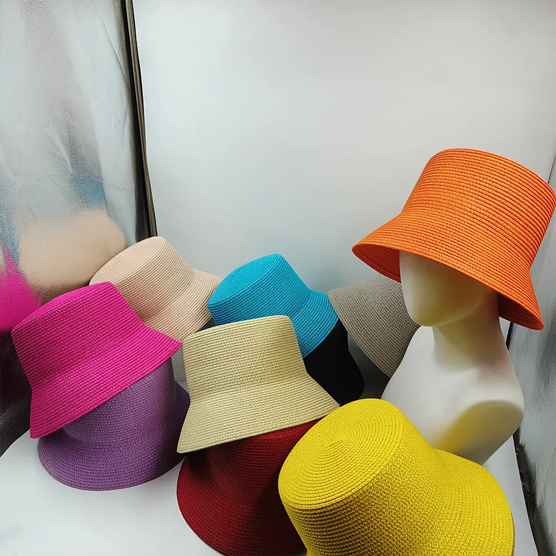Women Vintage Straw Bucket Hat Summer Beach Women Vintage Straw Bucket Hat Summer Beach