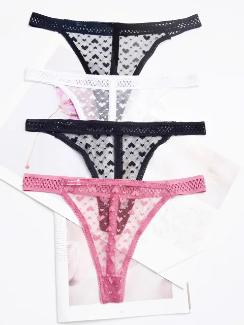 String sexy en dentelle pour femme, sous-vêtement confortable, lingerie, 4 pièces, abc30 1